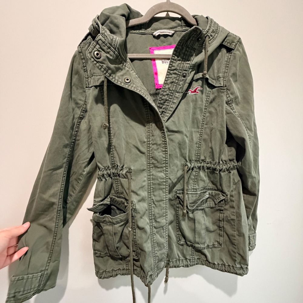 Y2K Hollister Utility Field Jacket Womens S Green Cinched Waist Logo Indie